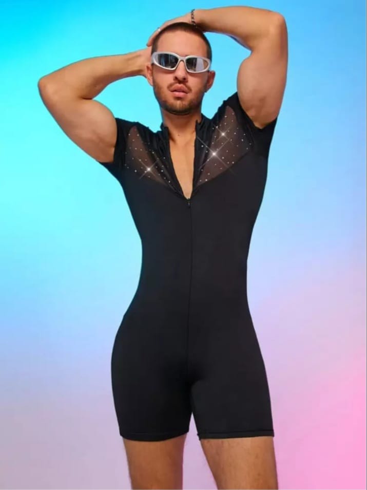 Men's Mesh Splice Tight Short Sleeve Romper